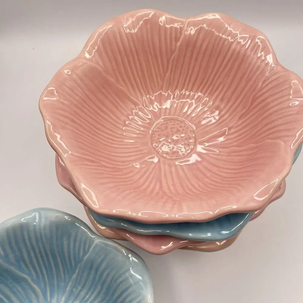 Blue And Pink Ceramic Flower Bowl 7.25” Serving Set Of 5